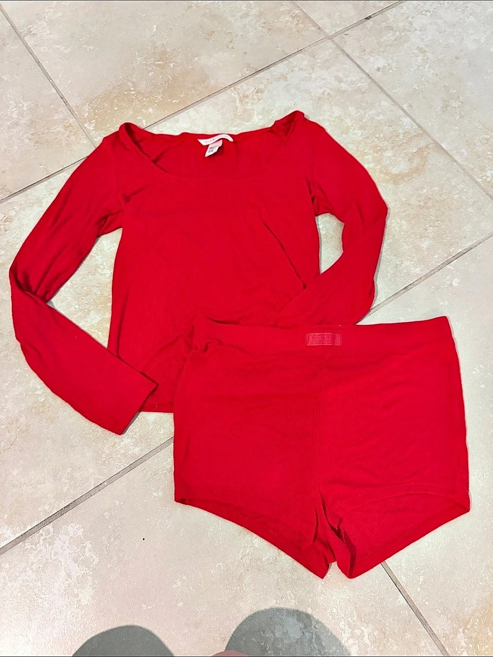 Victoria's Secret SoSoft Modal Ribbed Long-Sleeve & Short Set Red Pajamas